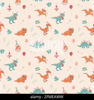 Festive seamless pattern with dinosaurs. Velocepator, triceraptor, stegosaurus, Pteranodon, and baby who just hatched from an egg. Balloons, cakes, foliage, stars. Cheerful vector background for child. Stock Vector