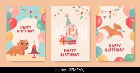 Funny dinosaurs on holiday cards for kids. Pteranodon, Triceratops, and a small newborn dinosaur that hatched from an egg. Happy birthday greeting cards. Lettering, balloons, buntings. Vector,cartoon. Stock Vector