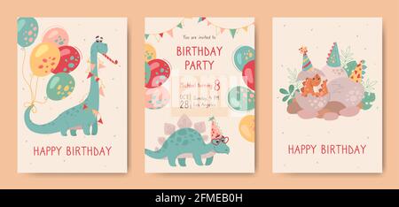 Happy birthday, postcards with dinosaurs and invitation to holiday. Stegosaurus, brontosaurus, and a small newborn dinosaur that hatched from an egg. Dinos on holiday cards for kids. Vector, cartoon. Stock Vector