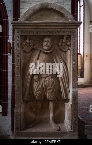 Monument to Burgomaster Petrus Guntz (died 1598) at St. Stephen Church. The historic town of Tangermuende. Saxony-Anhalt state. Stock Photo