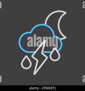 Moon cloud with fall rain and lightning vector icon on dark background. Meteorology sign. Graph symbol for travel, tourism and weather web site and ap Stock Vector