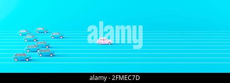 Business competition concept. Pink car leading the race against a group of slower blue cars 3d render 3d illustration