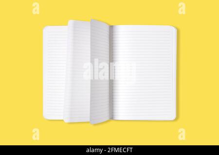 Blank open office Notepad or notebook with flipping pages isolated on yellow background. Mock up. Top view Stock Photo