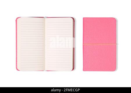 Top view of pink office notebook and open and closed isolated on white background for mockup. Stock Photo