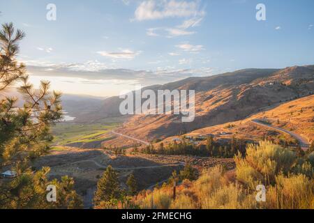 Sunset golden light over of the Okanagan valley vineyards and orchards in Osoyoos, B.C. Canada, wine country rolling desert landscape. Stock Photo