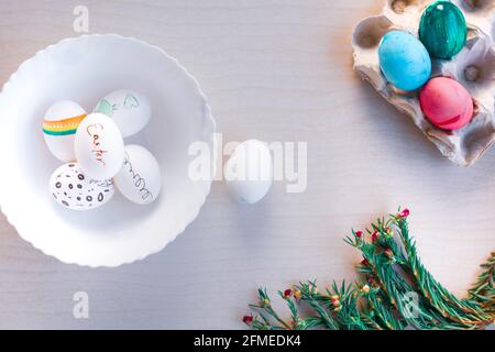 Flat lay photography of ester eggs decoration Stock Photo