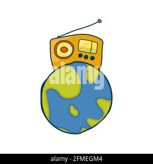 Radio over the earth cartoon illustration. Perfect template for World Radio Day design. Stock Vector
