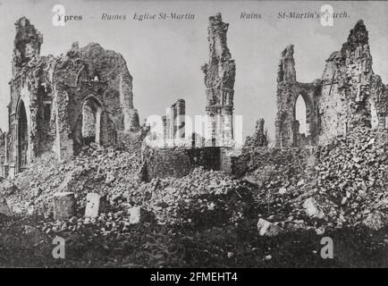 World War One I WWI The Great War Ruins of St. Martin's Church in Ypres Belgium circa 1918 Stock Photo