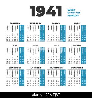 1941 year vector calendar. Weeks start on Sunday Stock Vector Image & Art -  Alamy