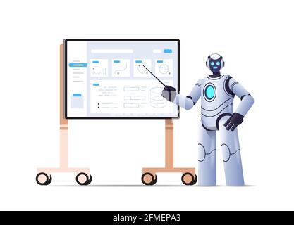 robot analyzing statistics financial data robotic character making presentation on bord artificial intelligence Stock Vector