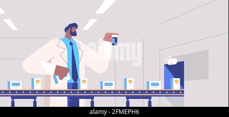man operator controlling medicine production filling on conveyor belt doctor checking quality of products Stock Vector