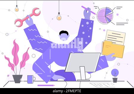 businessman with many hands working at computer business man sitting at workplace multitasking deadline Stock Vector