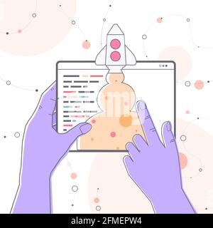 businessperson hands launching space rocket on tablet screen successful business idea start up new creative project Stock Vector