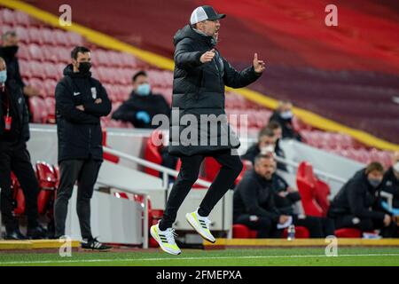Liverpool. 8th May, 2021. Liverpool's manager Jurgen Klopp reacts during the Premier League match between Liverpool and Southampton at Anfield in Liverpool, Britain, May 8, 2021. Credit: Xinhua/Alamy Live News Stock Photo
