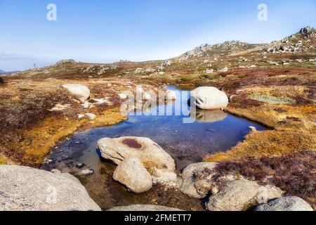 Fresh water cold stream high in Snowy Mountains of Australia on a track to Mt Kosciuszko - sunny day. Stock Photo