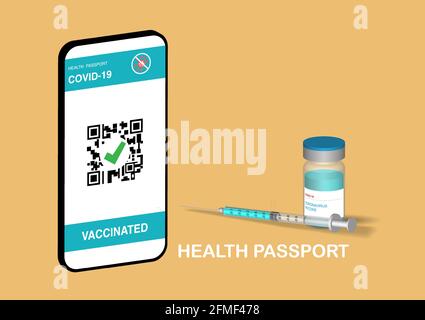 Illustration of digital health passport in smartphone after covid-19 vaccination. Stock Vector