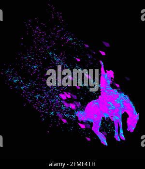 Digital Particle Cyber art Synthwave Rodeo Cowboy on Bucking Bronco 80s Stock Photo