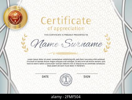 Official certificate withgrey wave design elements. Business modern template and gold emblem. Vector illustration Stock Vector