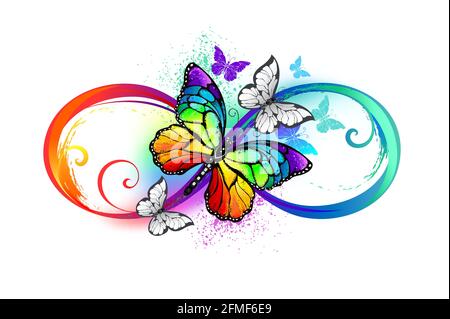 Multicolor, bright, rainbow symbol of infinity with rainbow, detailed butterfly monarch on white background. Rainbow butterfly. Stock Vector