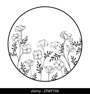 Round contour frame with artistically drawn California poppy on white background. Coloring. Stock Vector