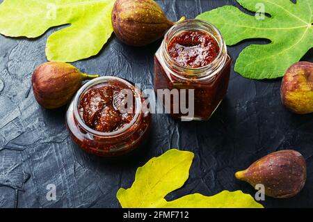 Glass jar with fig jam.Fig marmalade.Canning of fruit Stock Photo