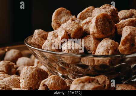 View of soya chucks in a bowl which is rich in protein and alternative for meat. Stock Photo