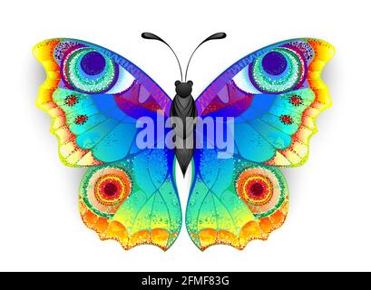 Rainbow, realistic, artistically drawn, bright colors peacock butterfly with textured detailed wings on white background. Rainbow butterfly. Stock Vector