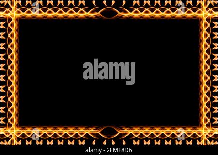 Minimalist luxury fire flame textured border frame with free space on black background Stock Photo