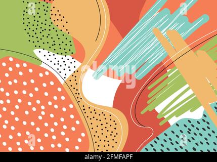 Abstract hand drawn organic shape and brush strokes pattern with dot, wavy line background. Trendy wallpaper, branding, wrapping paper designs. Vector Stock Vector