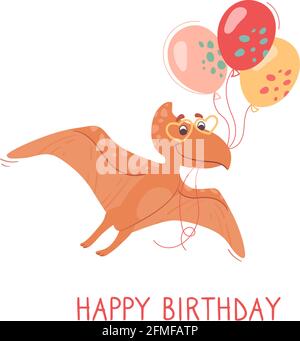 Baby birthday card. A cute pteranodon is flying with balloons and wearing heart-shaped sunglasses. Funny vector postcard with a dinosaur for children, white background Stock Vector