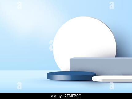 3D studio room display geometric dark blue cylinder pedestal, box, white circle backdrop minimal blue scene background. You can use for cosmetic produ Stock Vector