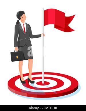 Businesswoman in suit standing with flag on target Stock Vector