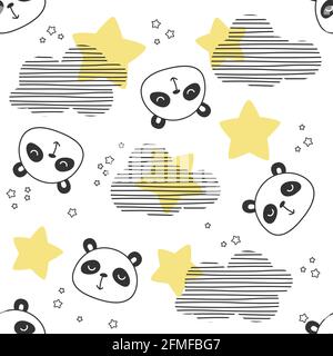 Sleepy panda bear seamless pattern. Print design with stars and clouds in black and white for kids and baby. Stock Vector