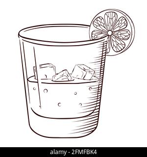 Soda or alcoholic drink with half citrus vector illustration. Glass of whiskey and cola with ice Stock Vector