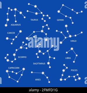 Zodiac constellation symbols collection. 12 connected shining star astrology signs. Vector illustration. Stock Vector