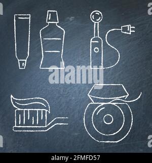Teeth hygiene and cleaning icon set on chalkboard. Toothbrush, toothpaste and dental floss symbols. Stomatology vector illustration. Stock Vector