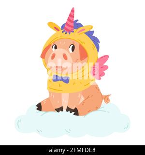 Cute pig in unicorn costume with horn and wings sitting on the cloud. Vector colorful design character illustration for print greeting postal cards an Stock Vector