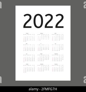 Calendar 2022 year. Week starts on Sunday. Vector calender Stock Vector