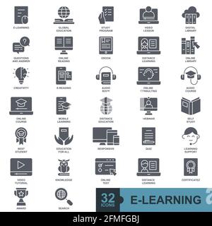 e learning online education elements minimal thin line, solid, glyph, filled, color we -icon set outline icons collection Stock Vector