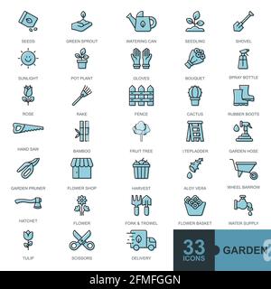 flower and gardening elements minimal thin line, glyph, filled,color web icon set outline icons collection Stock Vector