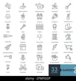 flower and gardening elements minimal thin line, glyph, filled,color web icon set outline icons collection Stock Vector
