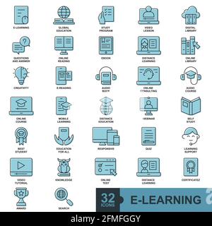 e learning online education elements minimal thin line, solid, glyph, filled, color we -icon set outline icons collection Stock Vector
