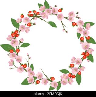 Rosehip wreath. Round frame, cute pink flowers rose red fruits and leaves. Festive decorations for wedding, holiday, postcard, poster and design Stock Vector