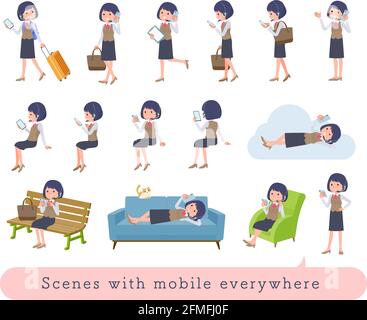 A set of business women with income who uses a smartphone in various scenes.It's vector art so easy to edit. Stock Vector