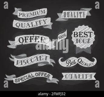 Set of retro ribbons and labels with text quality and best offer, premium, stylized drawing with chalk on the blackboard Stock Vector