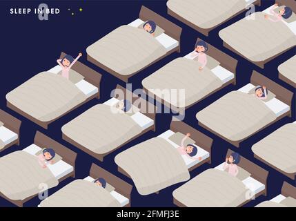 A set of business women with income in various poses sleeping in bed.It's vector art so easy to edit. Stock Vector