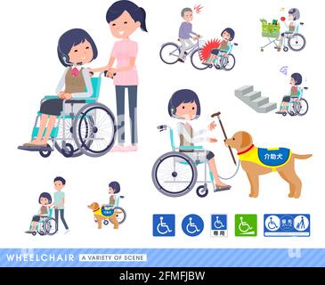 A set of business women with income in a wheelchair.It depicts various situations of wheelchair users. Stock Vector