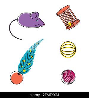 Set of bright line art illustrations toys for cats and kittens Stock Vector