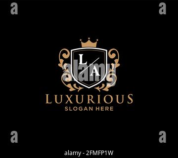 LA Letter Royal Luxury Logo template in vector art for Restaurant, Royalty, Boutique, Cafe, Hotel, Heraldic, Jewelry, Fashion and other vector illustr Stock Vector