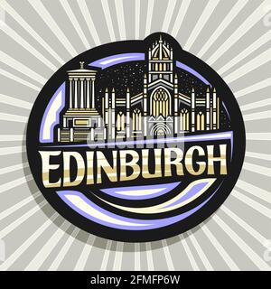 Vector logo for Edinburgh, black decorative label with outline illustration of edinburgh city scape on dusk sky background, art design fridge magnet w Stock Vector